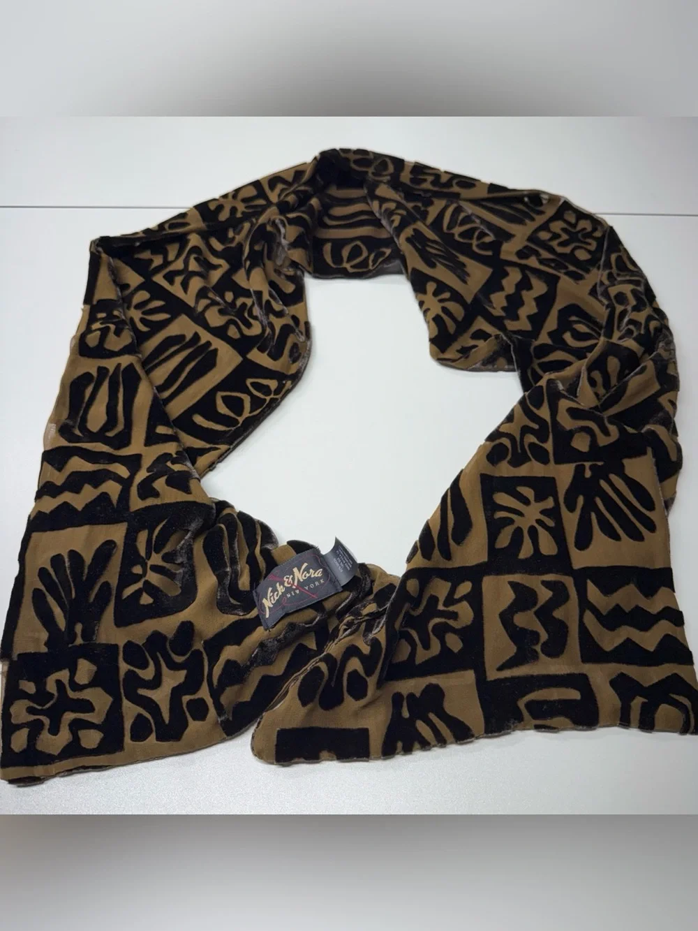 Nick & Nora NY Silk Blend Double‎ Sided Scarf 58x10 Burnout Velvet Brown Unique